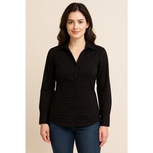 Zac & Rachel PM Blck top. Has horizontal pleating, is tailored to a small frame